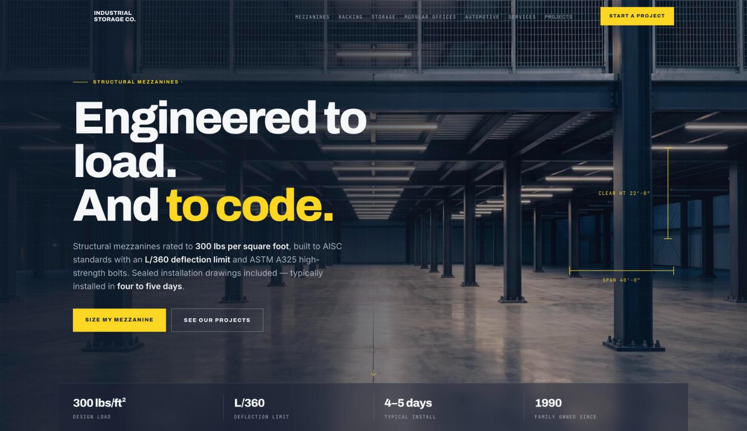 Industrial storage company website with a project inquiry page