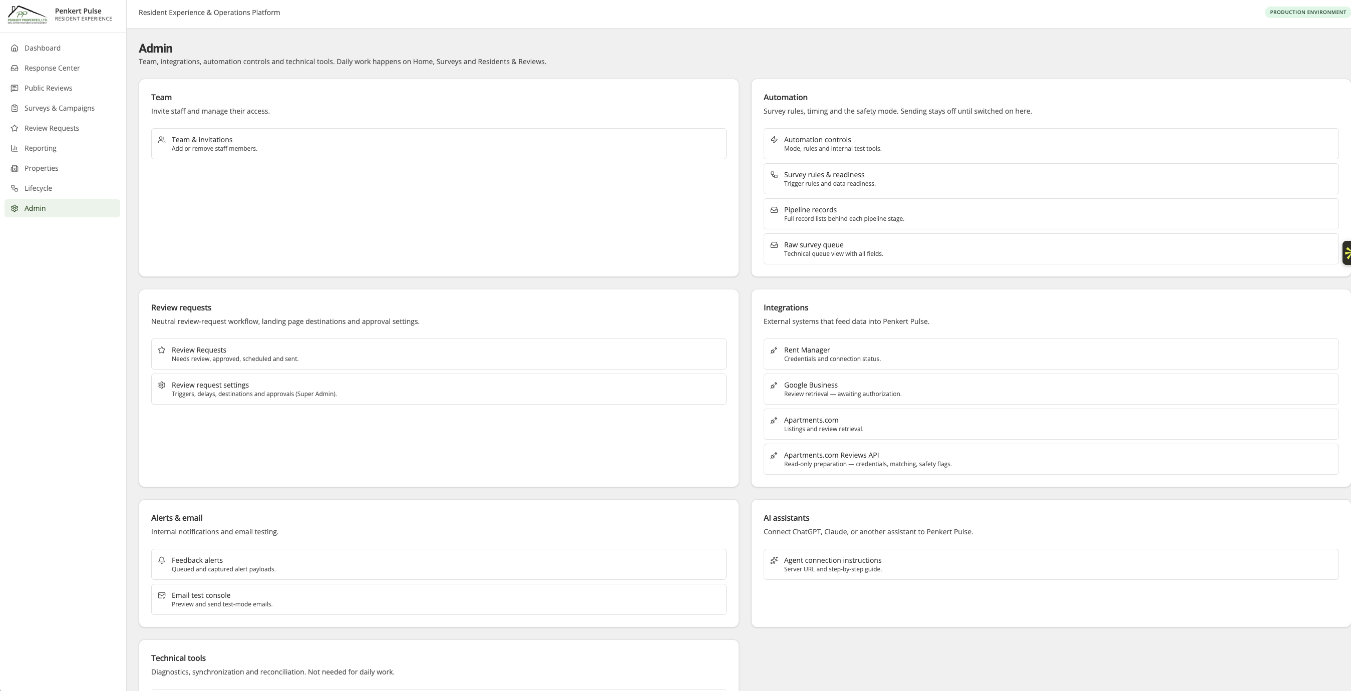 Penkert Pulse admin screen showing team access, review workflows, integrations, automation controls and safety settings