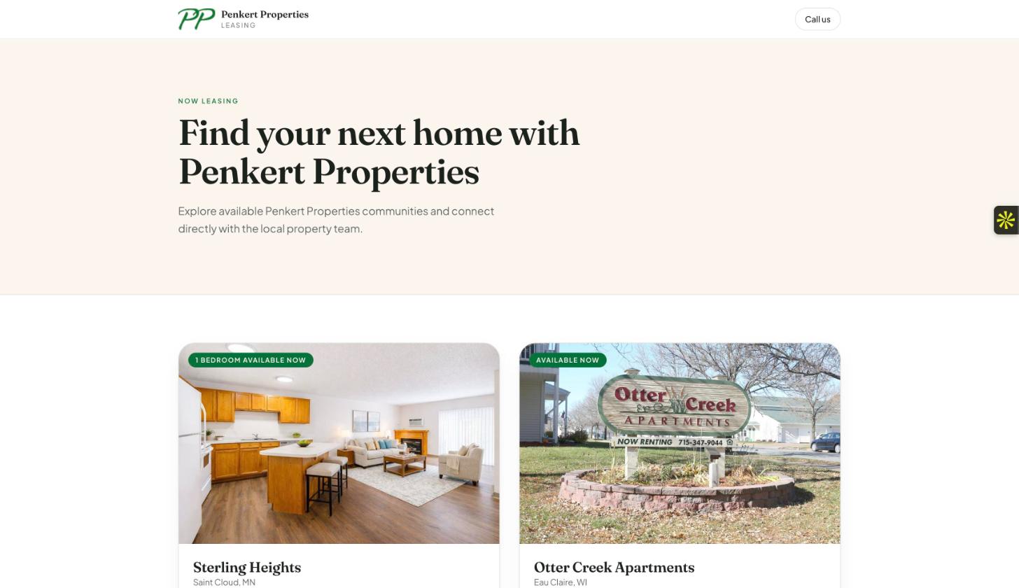 Penkert Properties leasing website with available units and inquiries