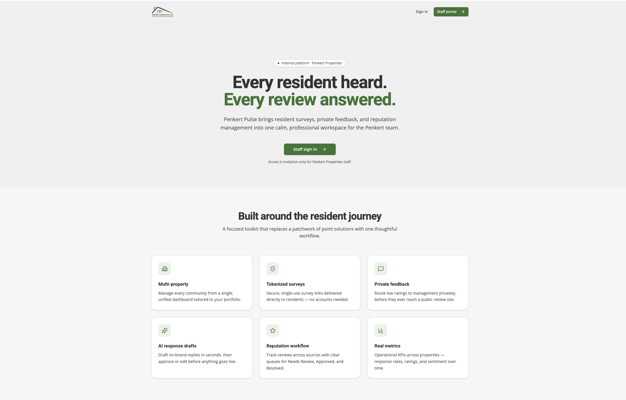 Penkert Pulse public landing page introducing its resident survey, private feedback, review response and reporting tools