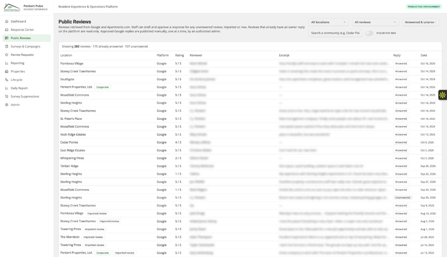 Penkert Pulse reviews inbox showing Google reviews and AI-drafted replies