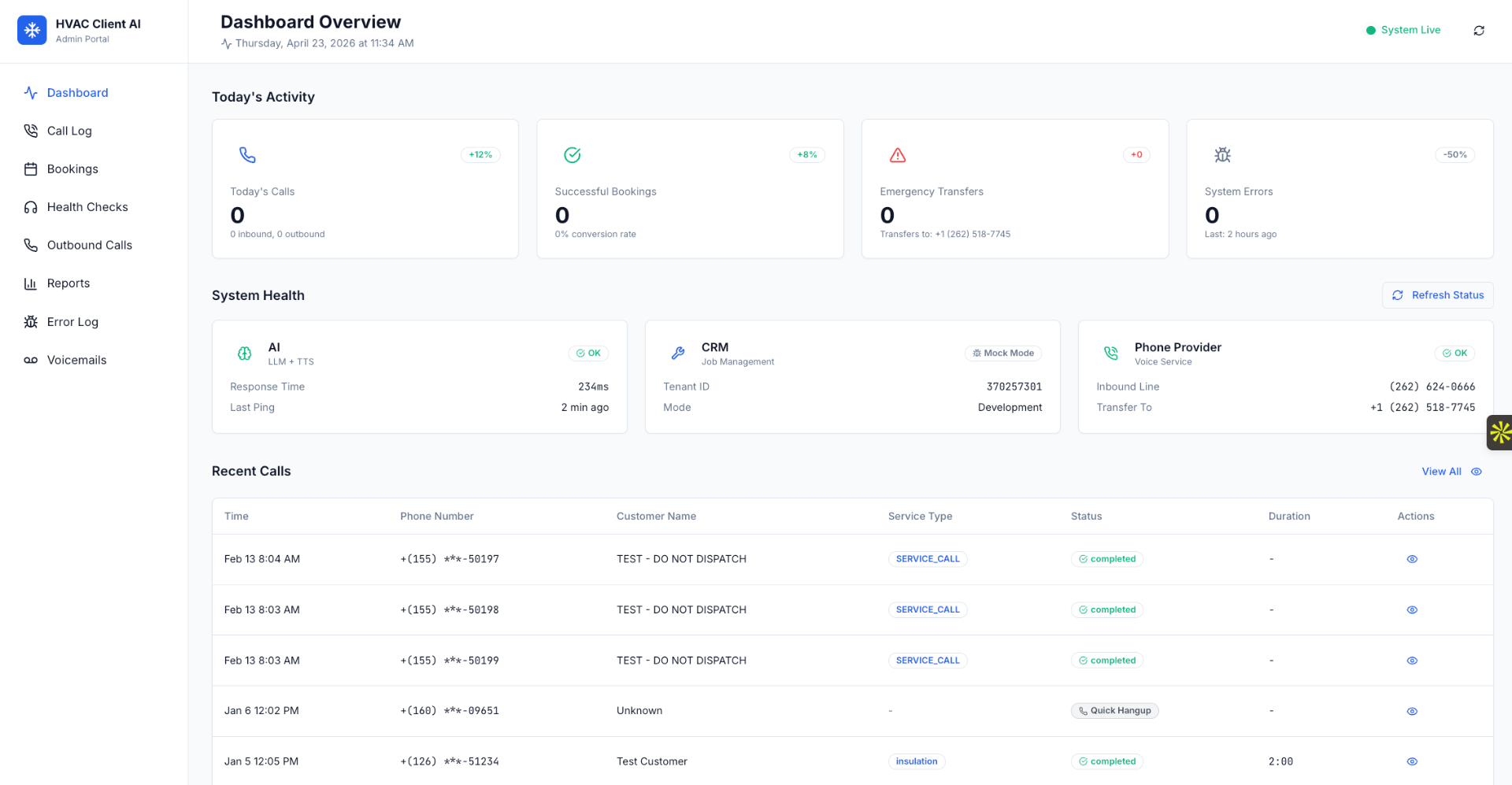 HVAC AI receptionist dashboard — Pfeiffer Digital, SE Wisconsin