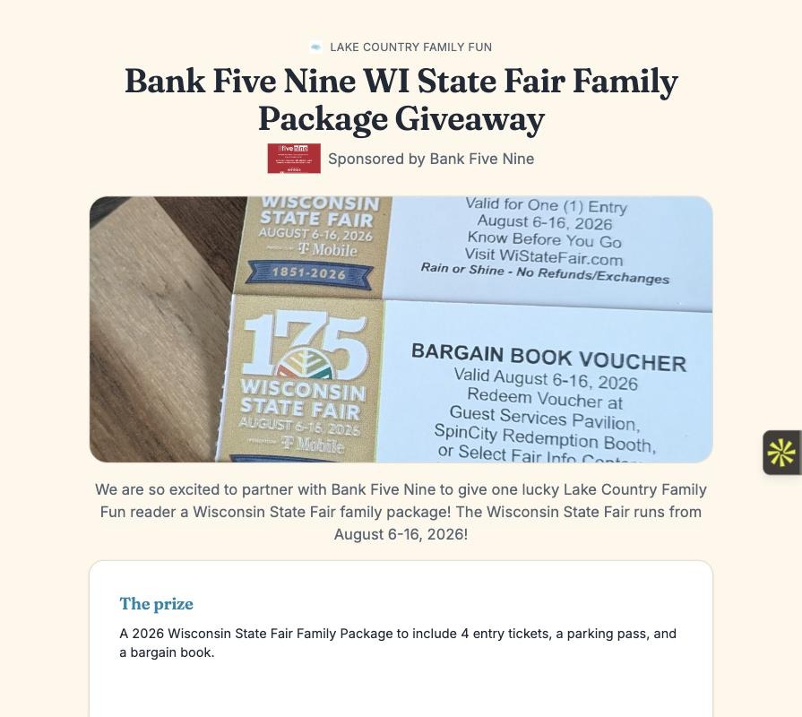 The Bank Five Nine WI State Fair Family Package giveaway page — prize voucher, no people pictured