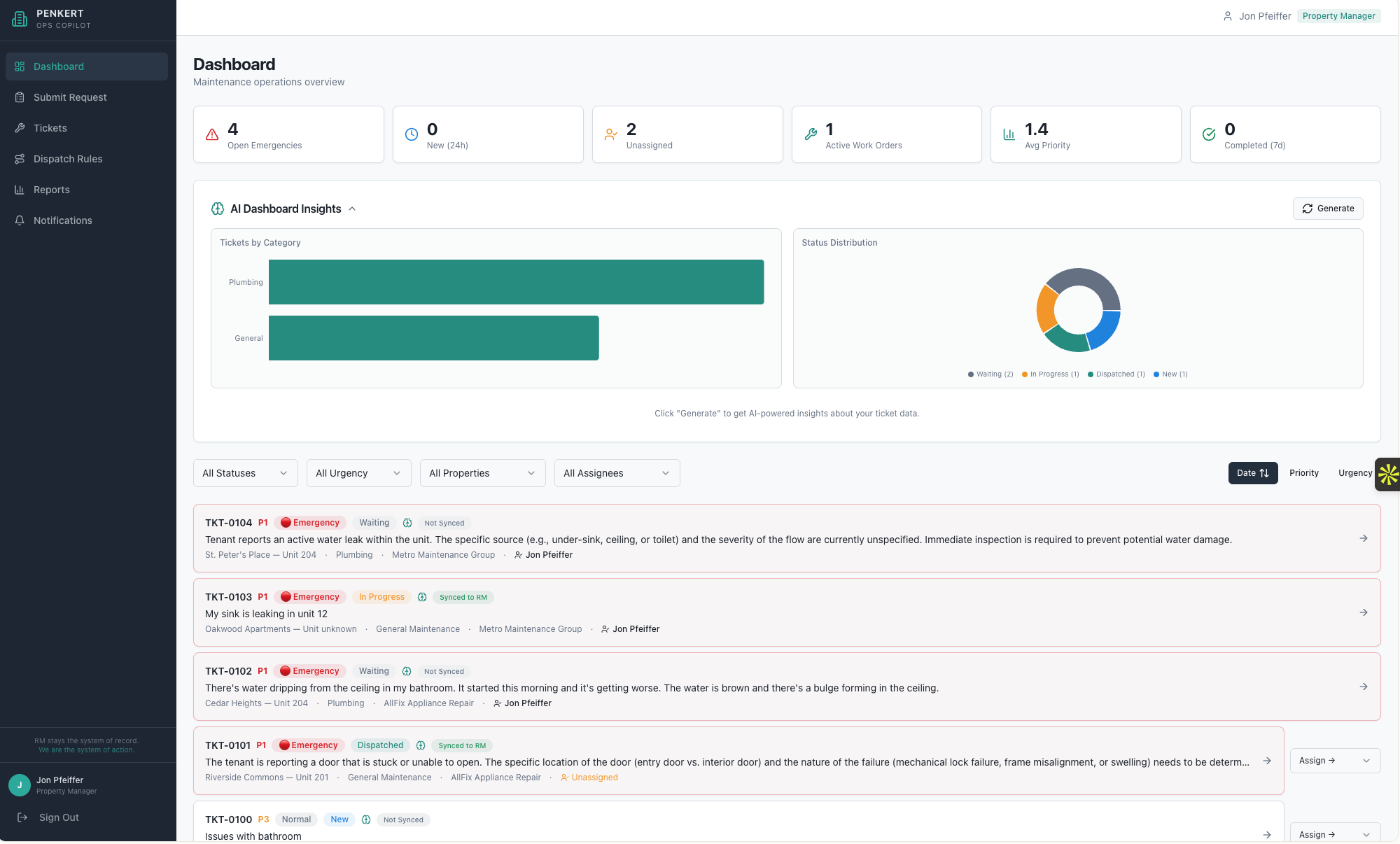 Maintenance Ops Copilot dashboard — Pfeiffer Digital